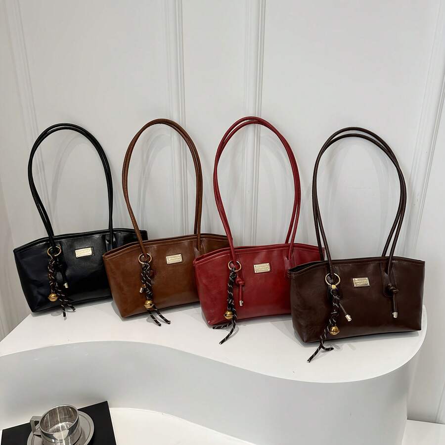 Christmas & New Year Gift Retro Tote Shoulder Bag For Women, Fashion Underarm Handbag With Bell Charm