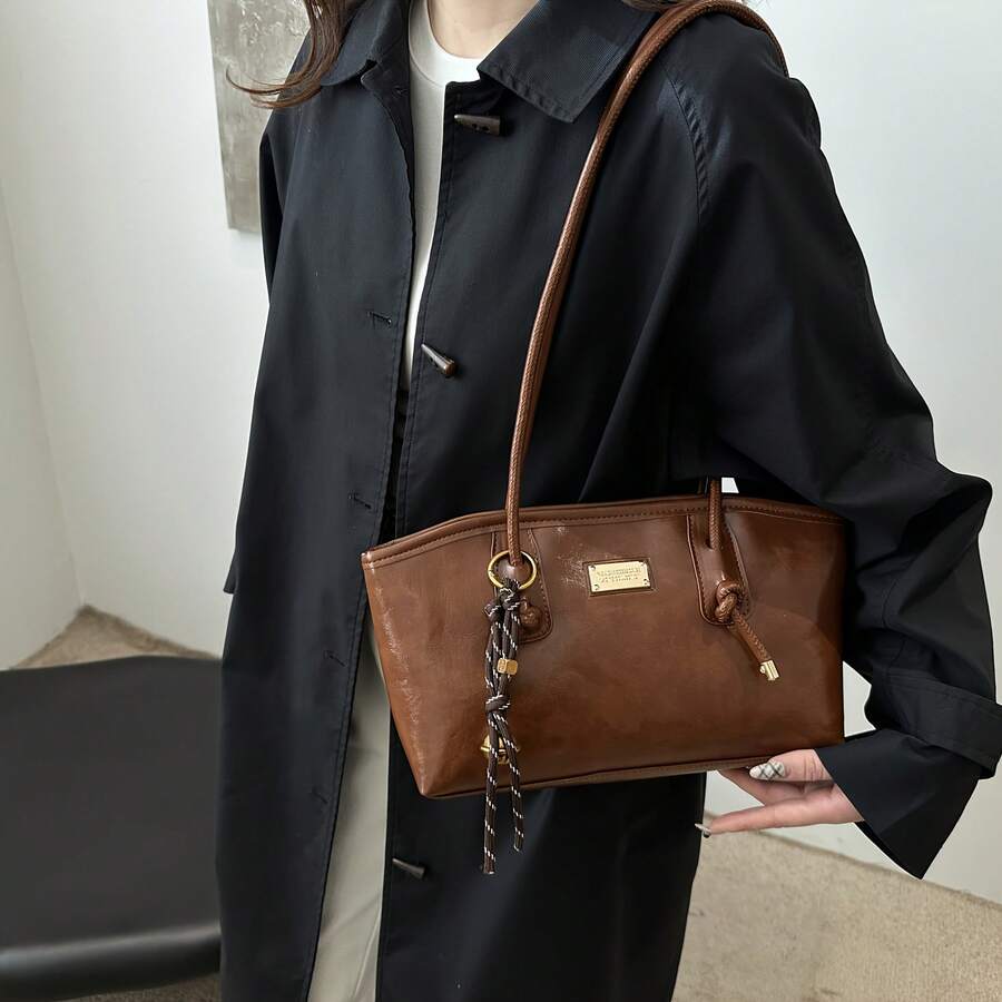 Christmas & New Year Gift Retro Tote Shoulder Bag For Women, Fashion Underarm Handbag With Bell Charm