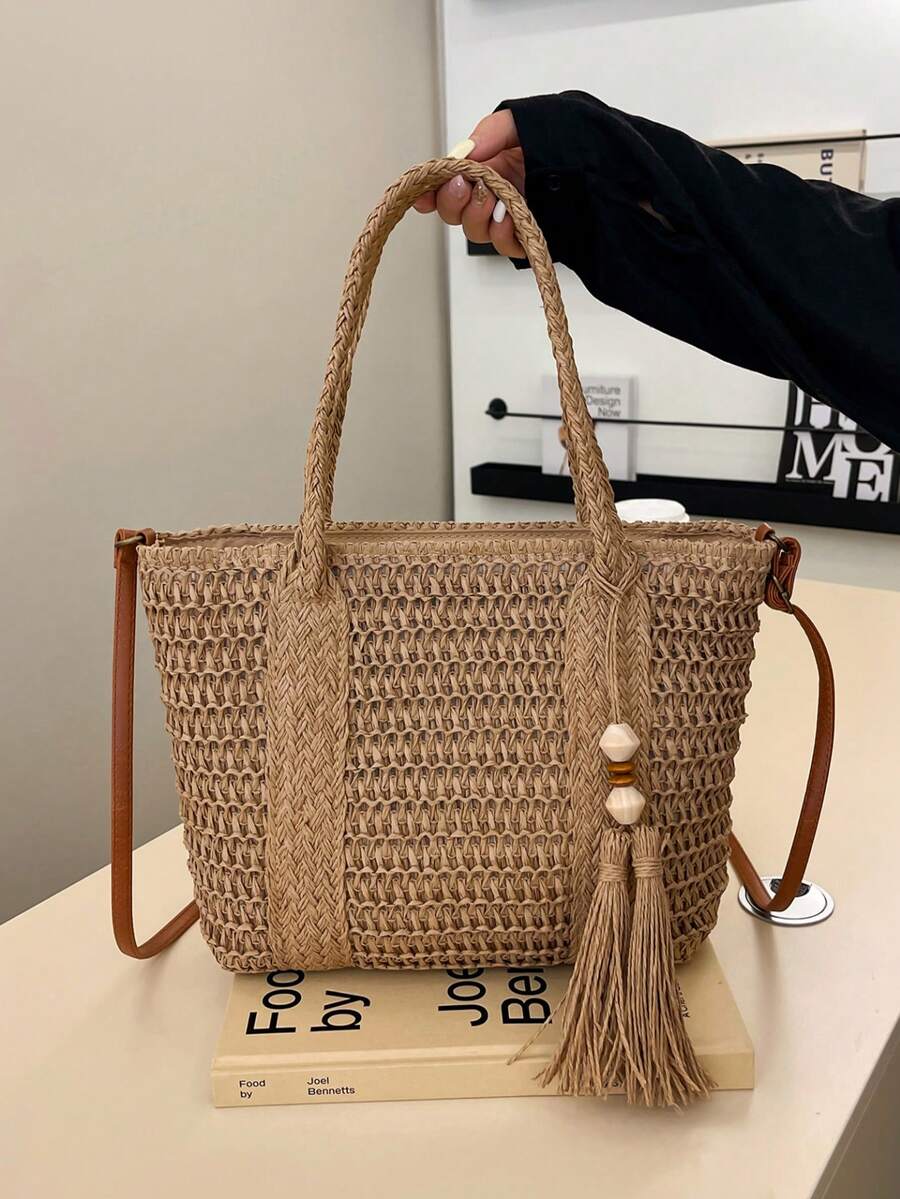 Fashionable Casual Straw Large Capacity Solid Color Shoulder Tote Bag For Women, Straw Tassel Decor Shoulder Crossbody Bag, Large Capacity Pocket Beach Bag