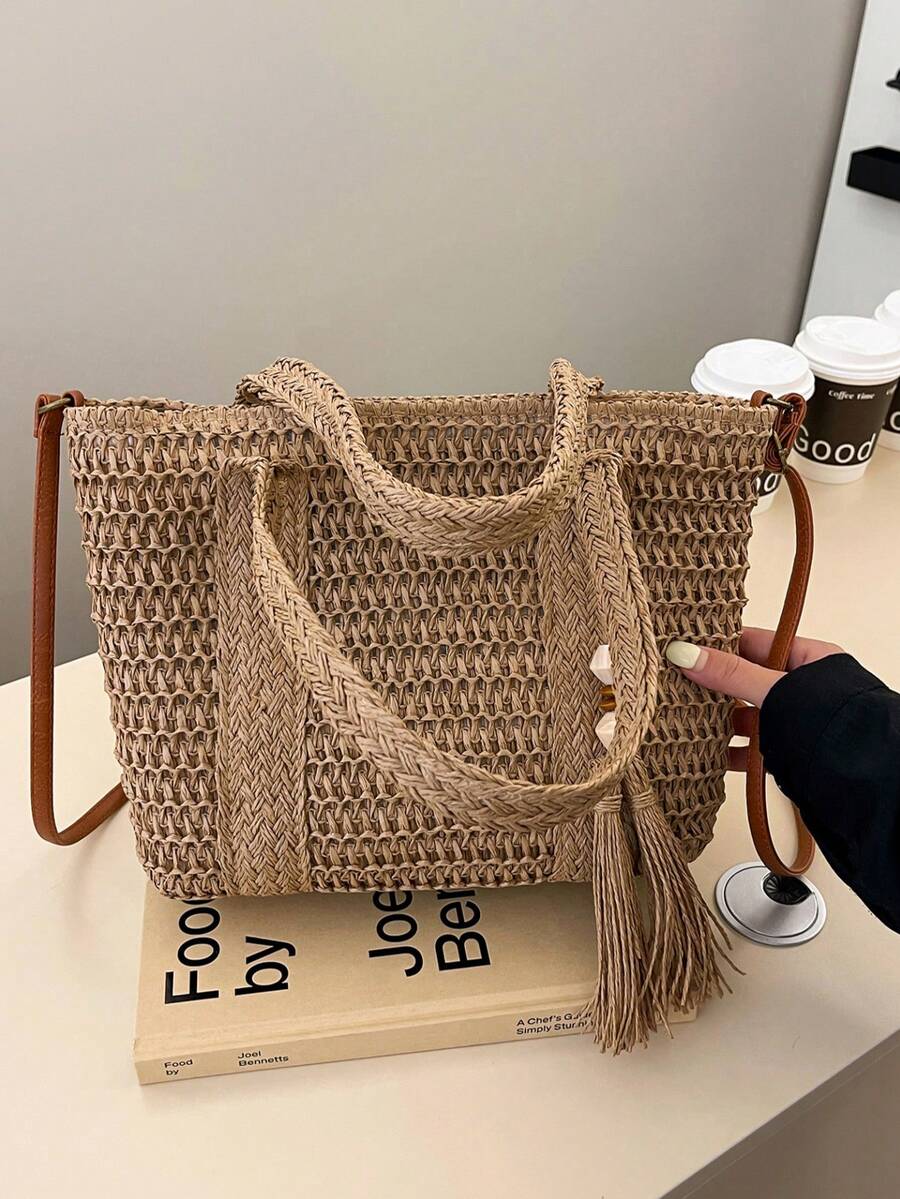 Fashionable Casual Straw Large Capacity Solid Color Shoulder Tote Bag For Women, Straw Tassel Decor Shoulder Crossbody Bag, Large Capacity Pocket Beach Bag