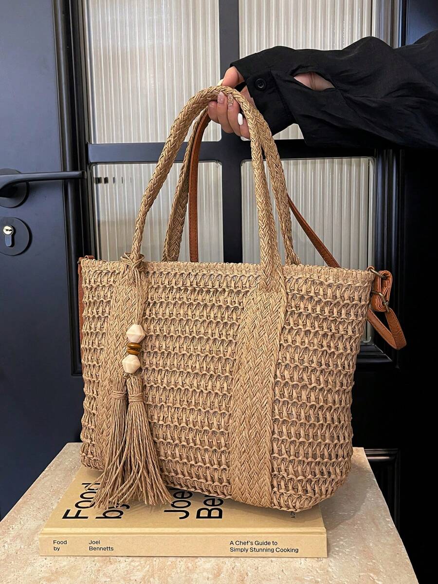 Fashionable Casual Straw Large Capacity Solid Color Shoulder Tote Bag For Women, Straw Tassel Decor Shoulder Crossbody Bag, Large Capacity Pocket Beach Bag