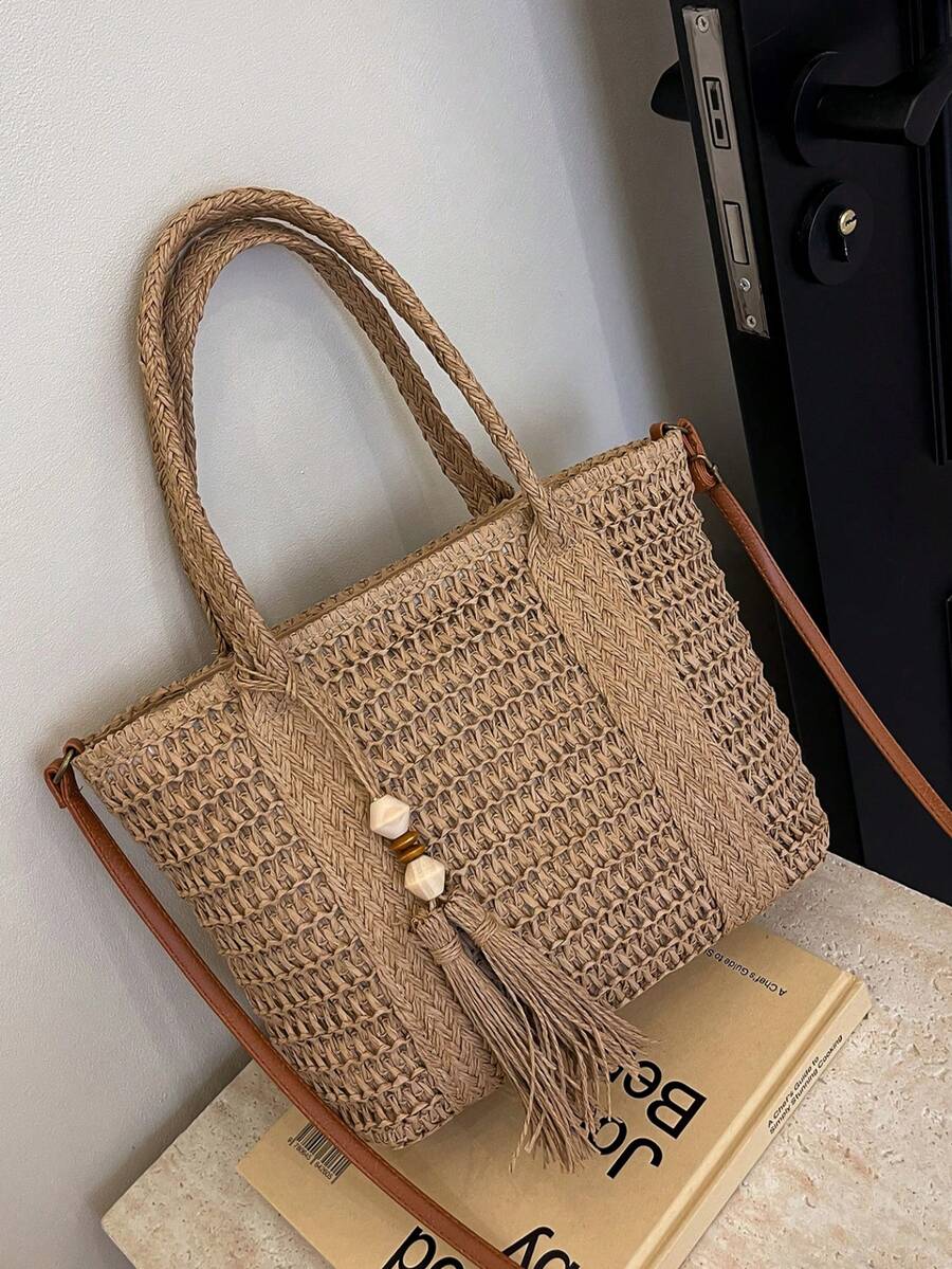 Fashionable Casual Straw Large Capacity Solid Color Shoulder Tote Bag For Women, Straw Tassel Decor Shoulder Crossbody Bag, Large Capacity Pocket Beach Bag