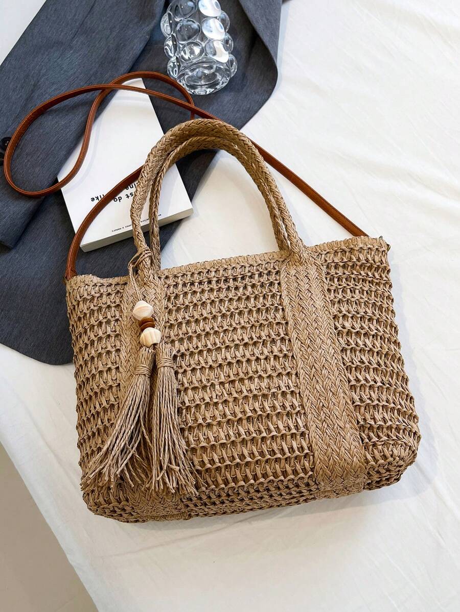 Fashionable Casual Straw Large Capacity Solid Color Shoulder Tote Bag For Women, Straw Tassel Decor Shoulder Crossbody Bag, Large Capacity Pocket Beach Bag