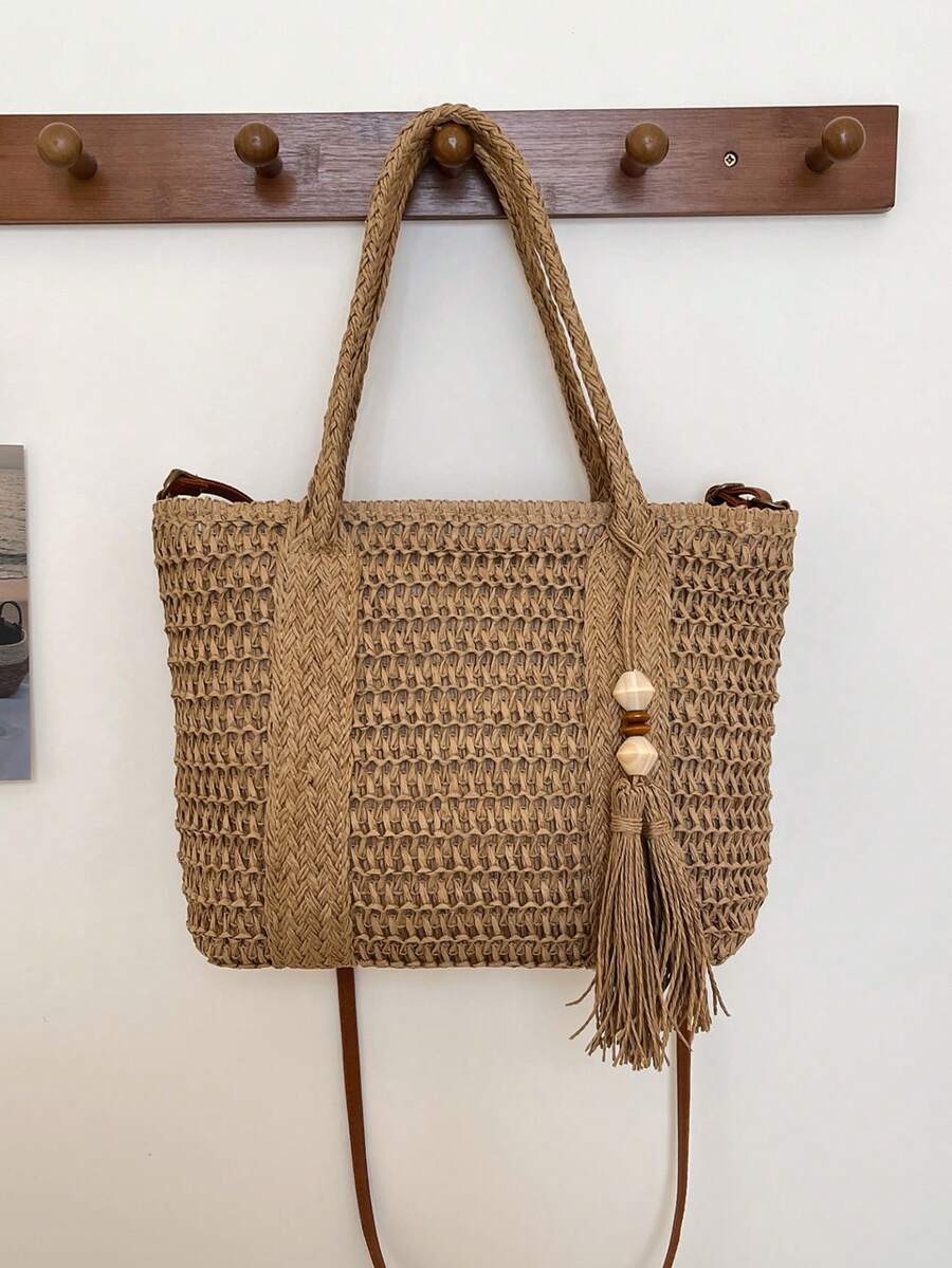 Fashionable Casual Straw Large Capacity Solid Color Shoulder Tote Bag For Women, Straw Tassel Decor Shoulder Crossbody Bag, Large Capacity Pocket Beach Bag