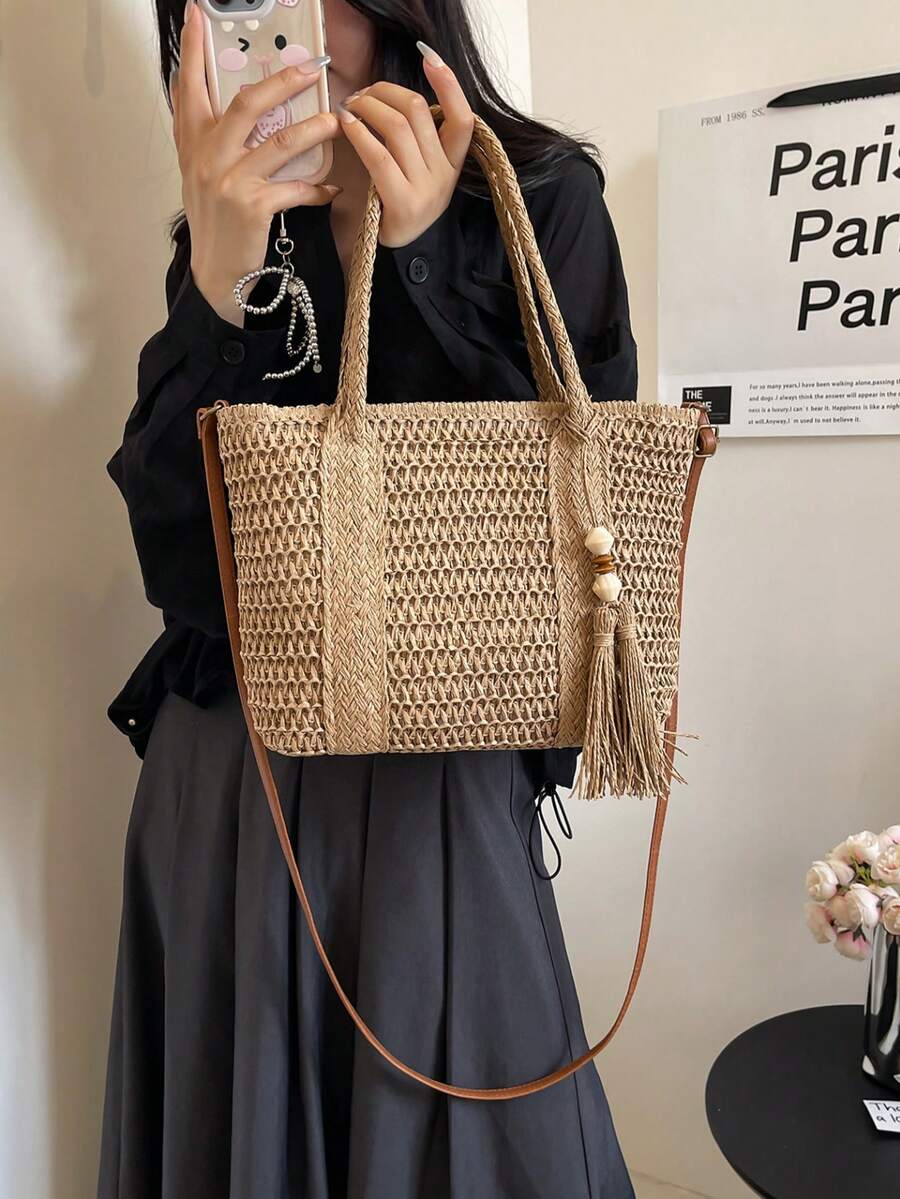 Fashionable Casual Straw Large Capacity Solid Color Shoulder Tote Bag For Women, Straw Tassel Decor Shoulder Crossbody Bag, Large Capacity Pocket Beach Bag
