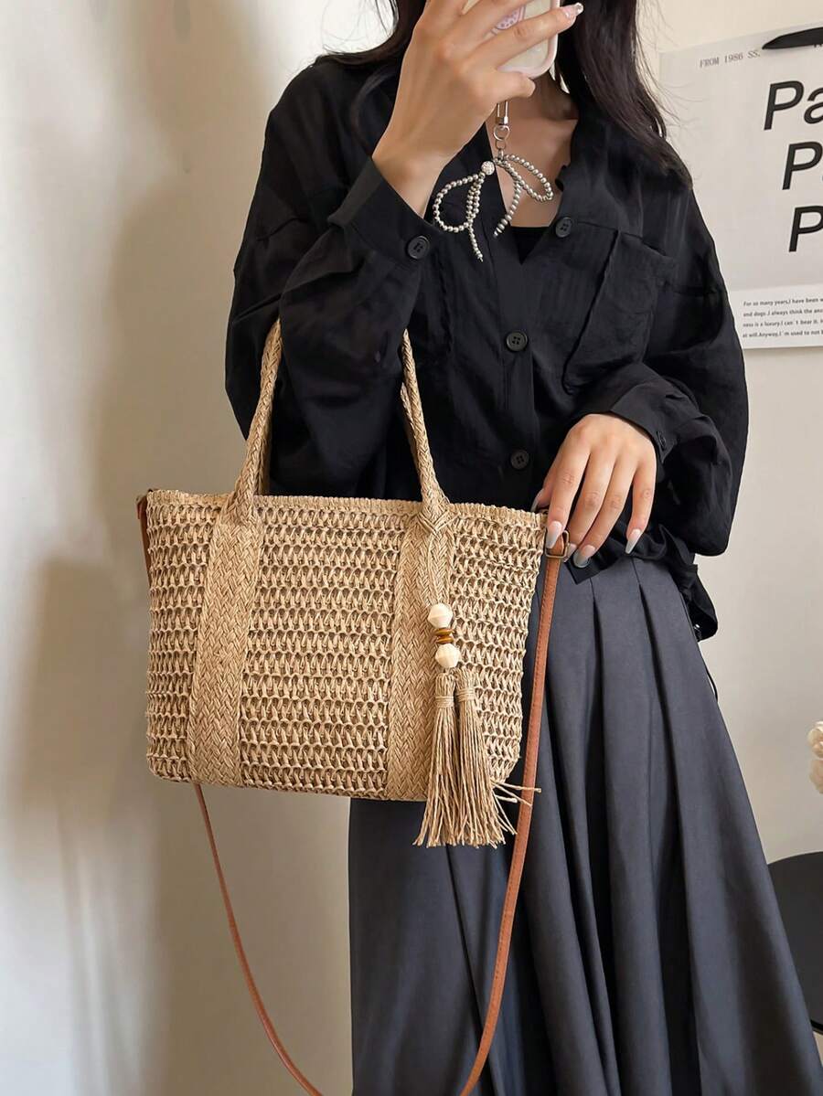 Fashionable Casual Straw Large Capacity Solid Color Shoulder Tote Bag For Women, Straw Tassel Decor Shoulder Crossbody Bag, Large Capacity Pocket Beach Bag