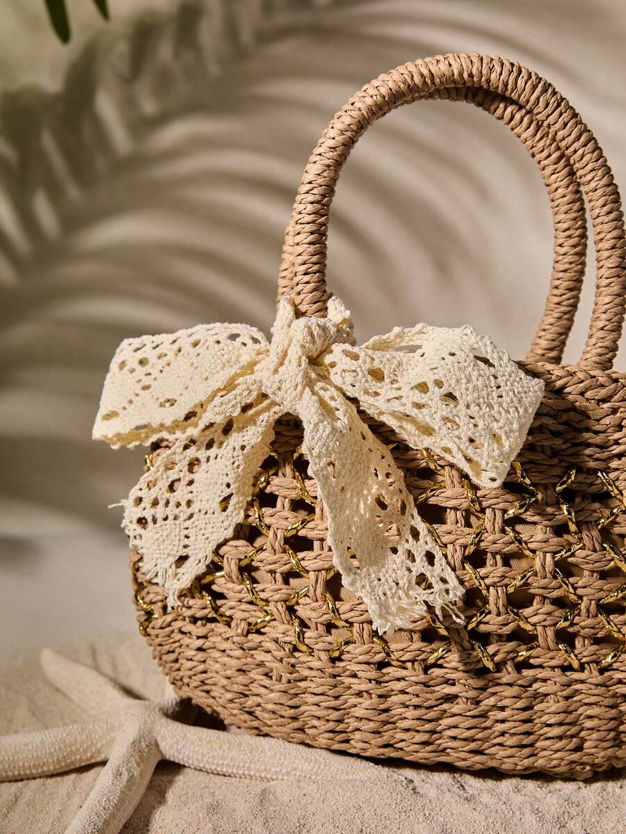 Tropiscape Fashionable Casual Bowknot Decorated Simple Versatile Straw Tote Bag, Suitable For Vacation, Travel, Beach, Shopping, Shoulder Bag Beach Autumn Winter Gifts Cottagecore,SummerOutfit