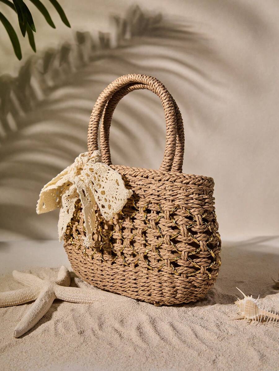 Tropiscape Fashionable Casual Bowknot Decorated Simple Versatile Straw Tote Bag, Suitable For Vacation, Travel, Beach, Shopping, Shoulder Bag Beach Autumn Winter Gifts Cottagecore,SummerOutfit