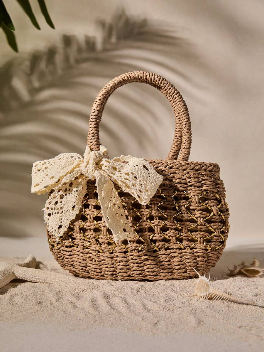 Tropiscape Fashionable Casual Bowknot Decorated Simple Versatile Straw Tote Bag, Suitable For Vacation, Travel, Beach, Shopping, Shoulder Bag Beach Autumn Winter Gifts Cottagecore,SummerOutfit