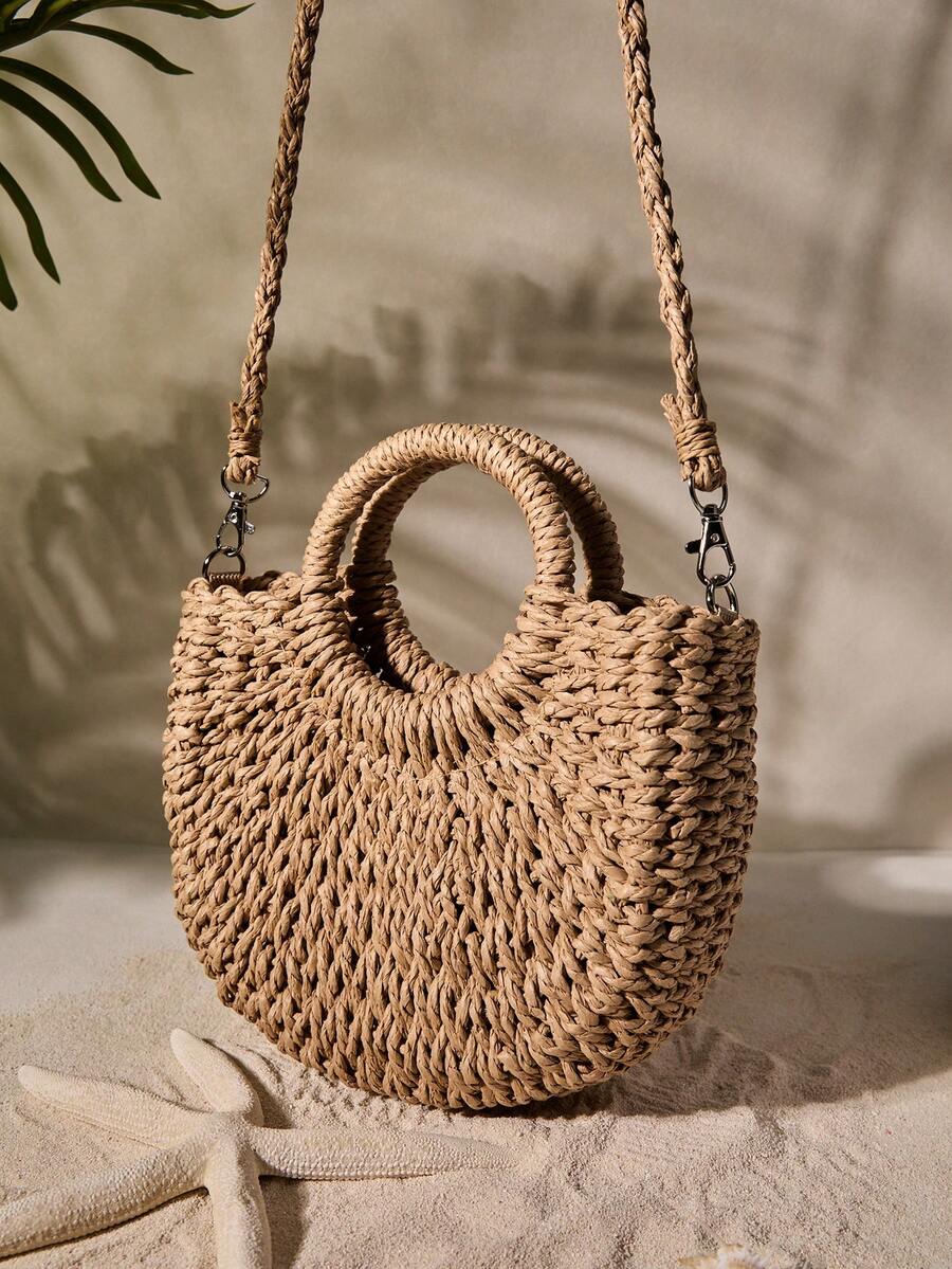 Tropiscape Round Top Handle Straw Bag For Women Woven Summer Bag Large Capacity Tote Bag For Half-Round Woven Straw Bag, Women's Summer Crossbody Bag, Casual Handbag For Mini Round Handle Straw Bag, S