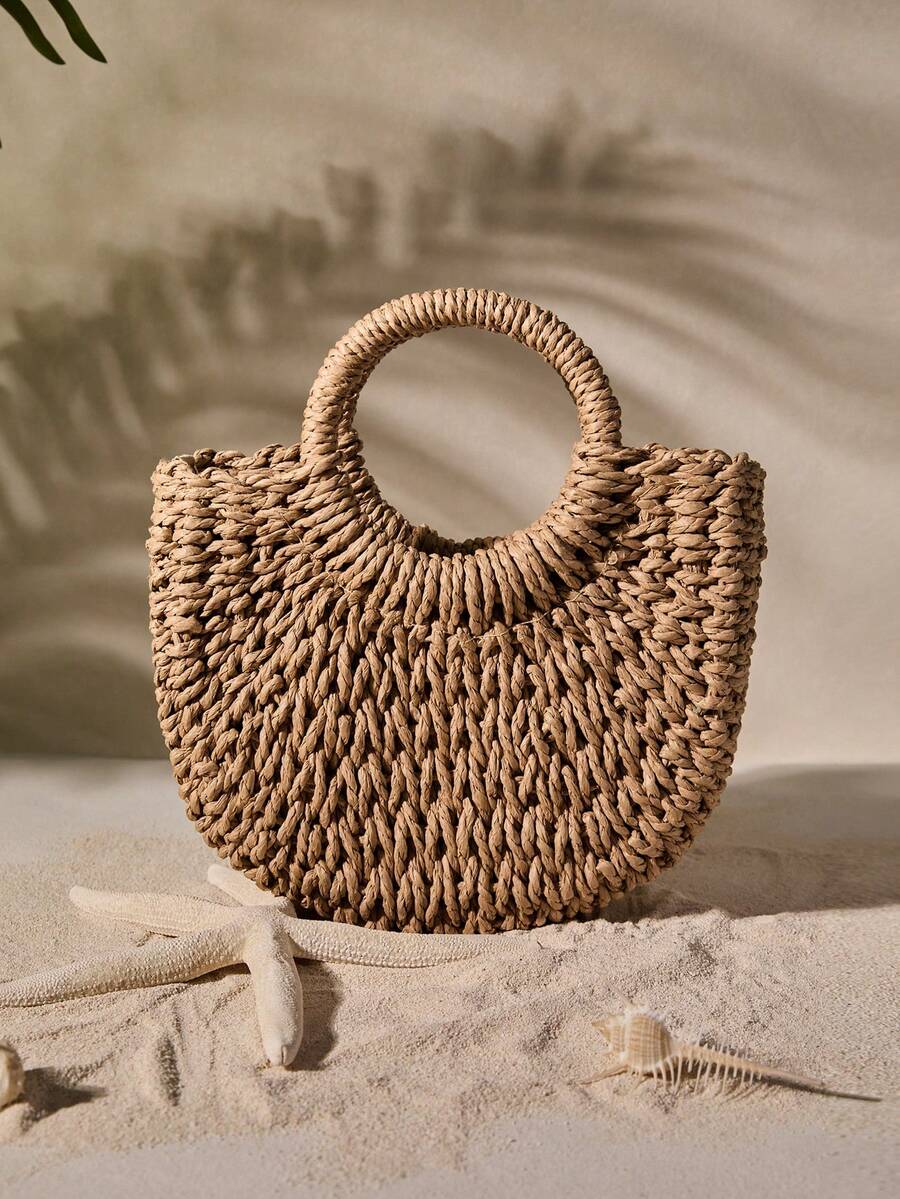 Tropiscape Round Top Handle Straw Bag For Women Woven Summer Bag Large Capacity Tote Bag For Half-Round Woven Straw Bag, Women's Summer Crossbody Bag, Casual Handbag For Mini Round Handle Straw Bag, S