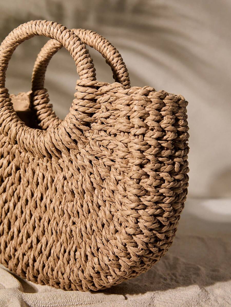 Tropiscape Round Top Handle Straw Bag For Women Woven Summer Bag Large Capacity Tote Bag For Half-Round Woven Straw Bag, Women's Summer Crossbody Bag, Casual Handbag For Mini Round Handle Straw Bag, S