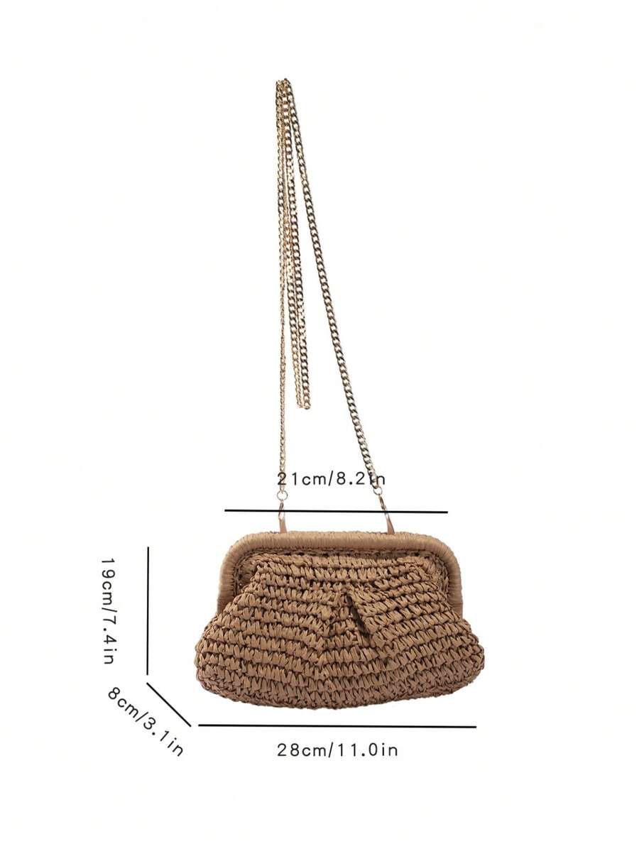 Women's Summer Straw Crossbody Bag, Chain Woven Beach Tote Bag, Handmade Wallet, 1pc Straw Tote Bag, Beach Vacation Bag