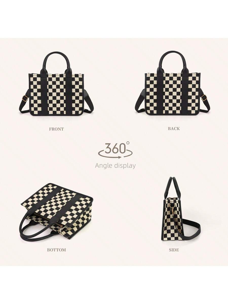 GAINSNS Checkered Mini Tote Bag For Women Shoulder Bags Crossbody Bag Handbag Satchel Bag Teacher Handbag- School Work Office Travel Beach, Chessboard Black And Brown