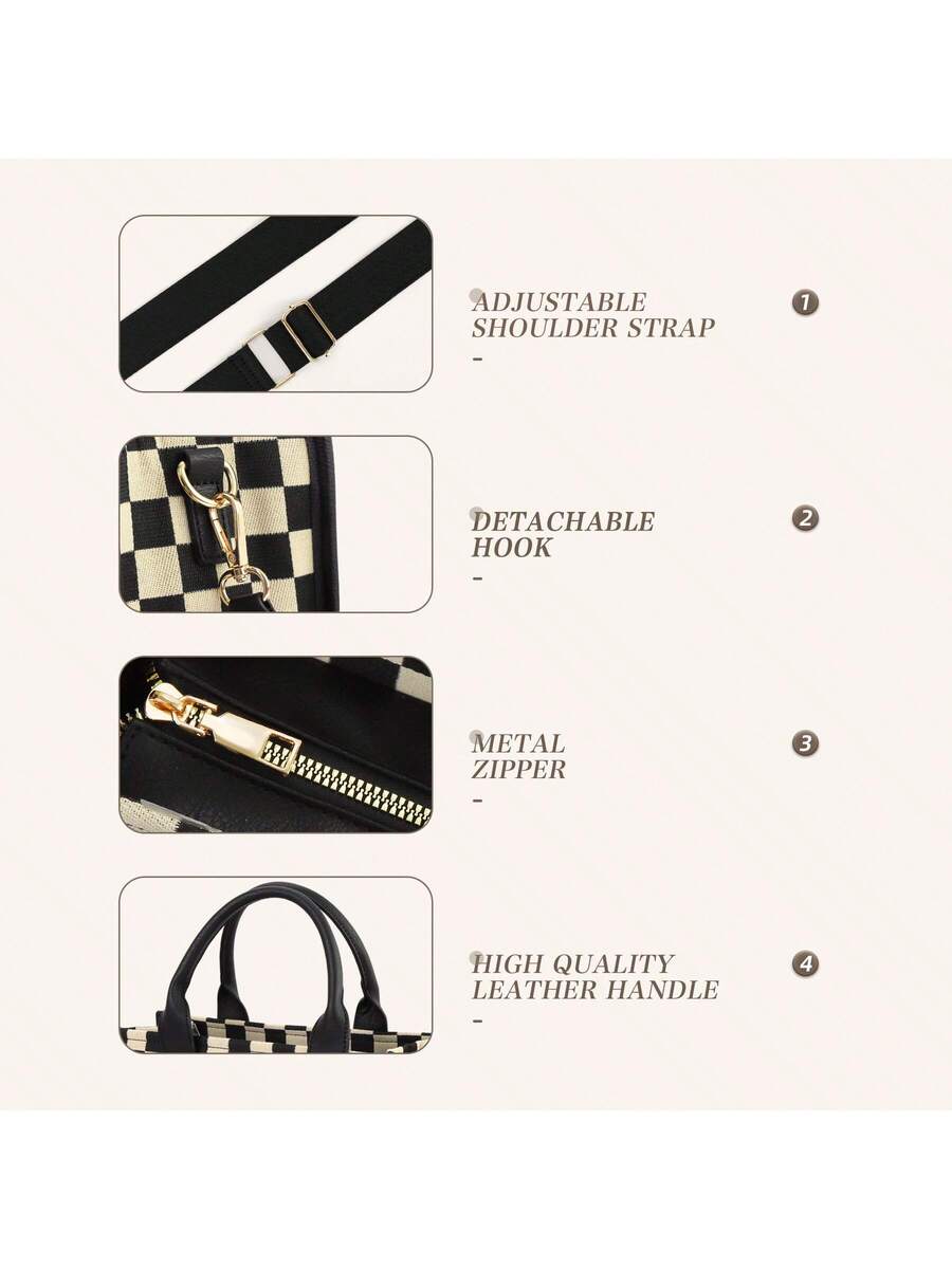 GAINSNS Checkered Mini Tote Bag For Women Shoulder Bags Crossbody Bag Handbag Satchel Bag Teacher Handbag- School Work Office Travel Beach, Chessboard Black And Brown