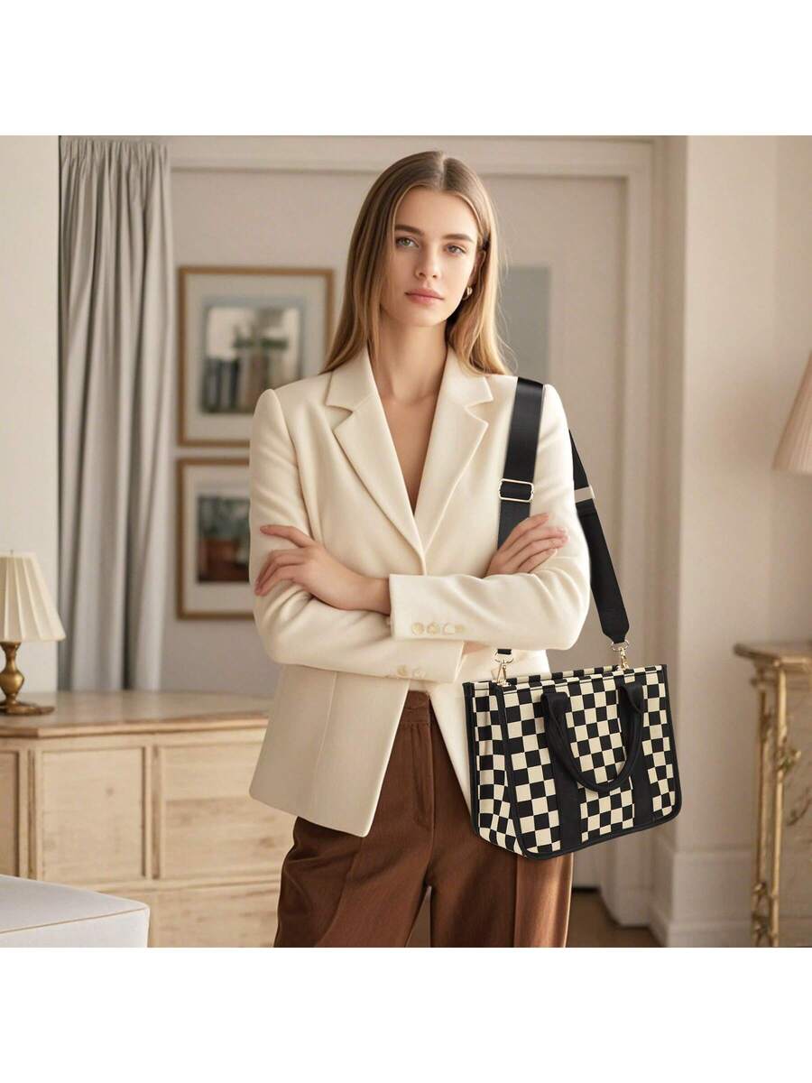 GAINSNS Checkered Mini Tote Bag For Women Shoulder Bags Crossbody Bag Handbag Satchel Bag Teacher Handbag- School Work Office Travel Beach, Chessboard Black And Brown