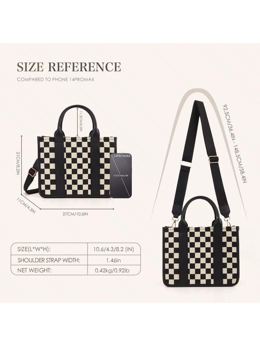 GAINSNS Checkered Mini Tote Bag For Women Shoulder Bags Crossbody Bag Handbag Satchel Bag Teacher Handbag- School Work Office Travel Beach, Chessboard Black And Brown