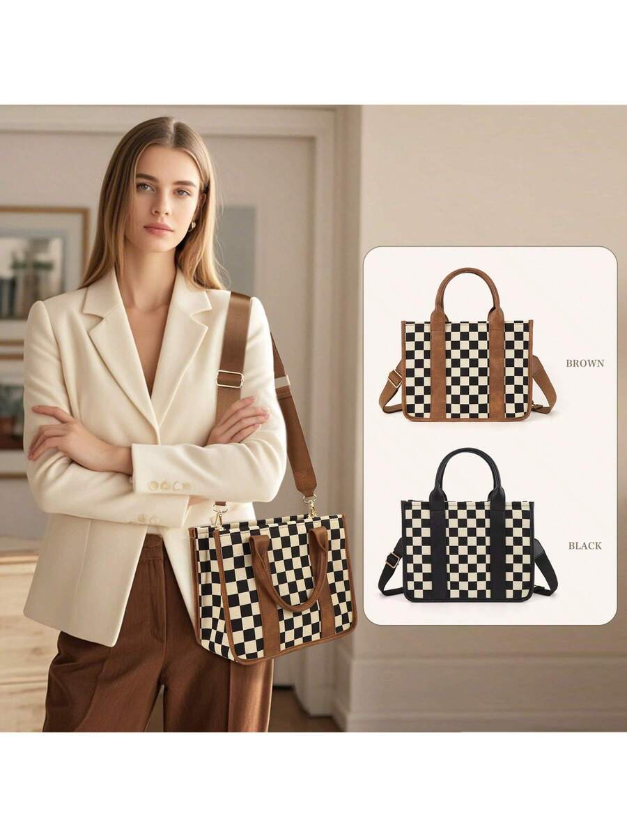GAINSNS Checkered Mini Tote Bag For Women Shoulder Bags Crossbody Bag Handbag Satchel Bag Teacher Handbag- School Work Office Travel Beach, Chessboard Black And Brown