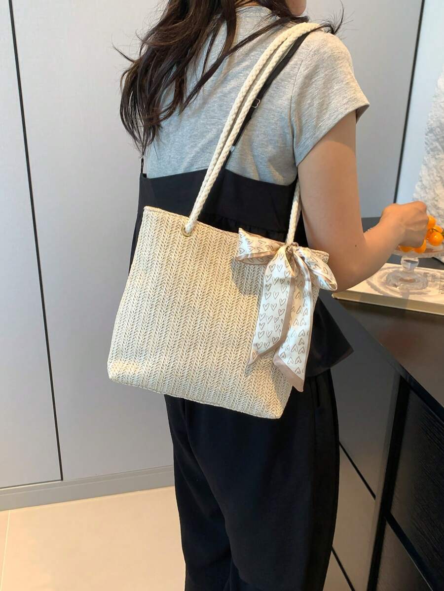 Women's New Fashionable Weaved Large Capacity Tote Bag, Minimalist Simple Silk Scarf Decor