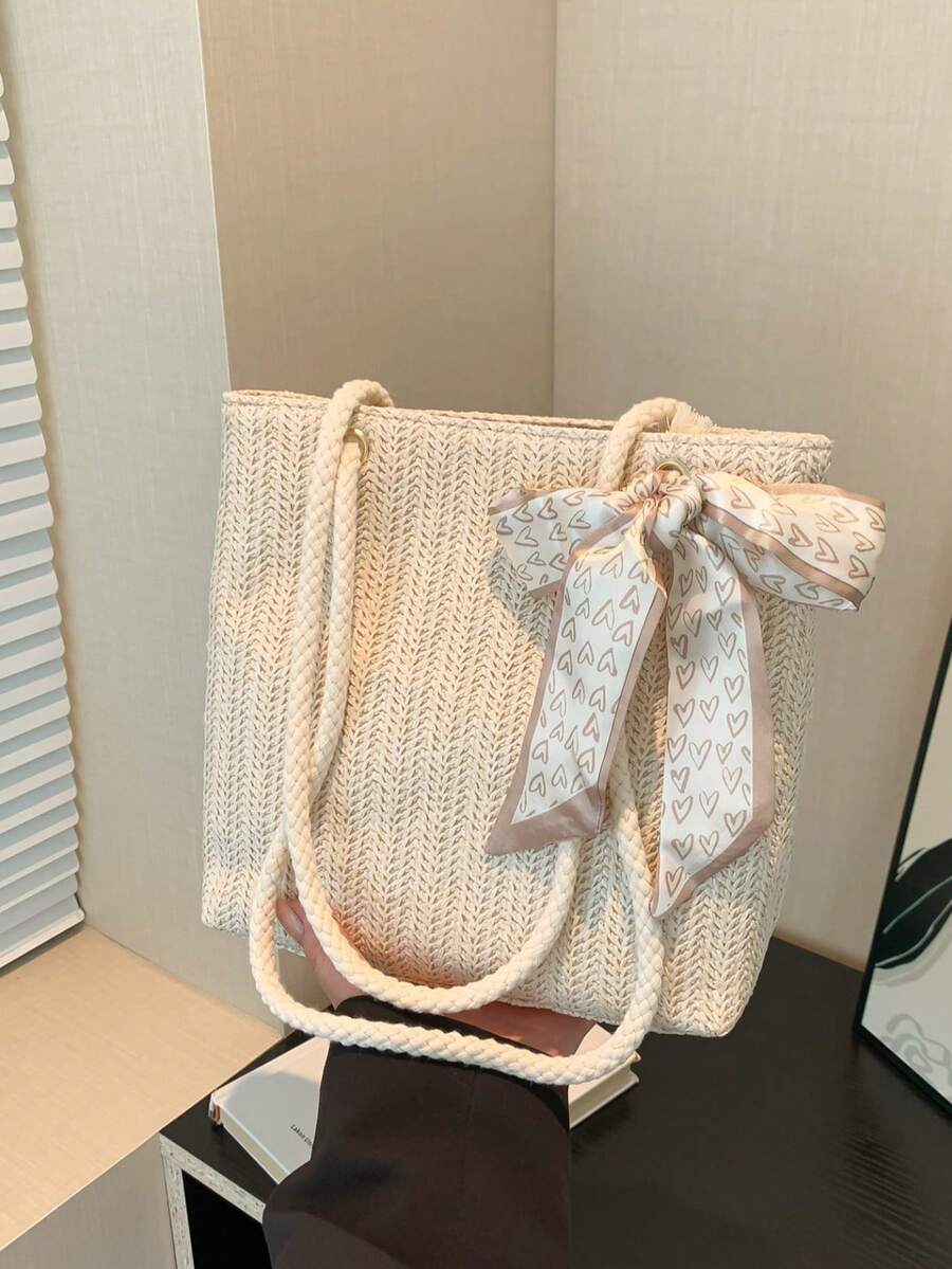 Women's New Fashionable Weaved Large Capacity Tote Bag, Minimalist Simple Silk Scarf Decor