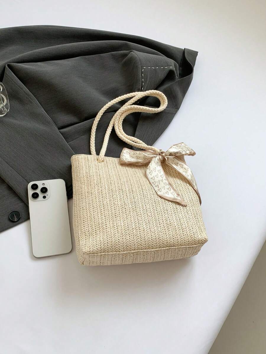Women's New Fashionable Weaved Large Capacity Tote Bag, Minimalist Simple Silk Scarf Decor