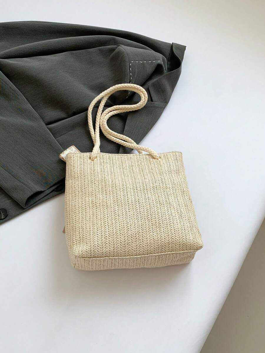 Women's New Fashionable Weaved Large Capacity Tote Bag, Minimalist Simple Silk Scarf Decor