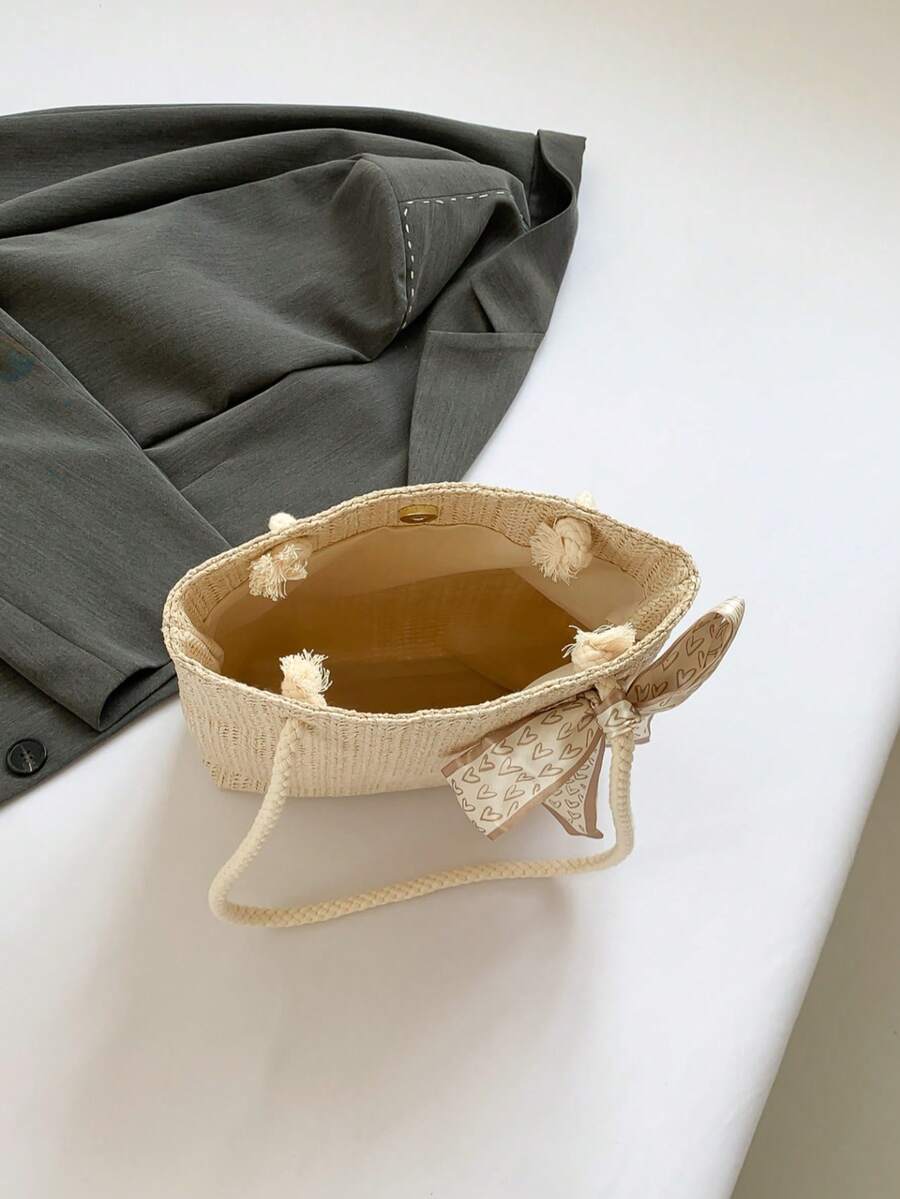 Women's New Fashionable Weaved Large Capacity Tote Bag, Minimalist Simple Silk Scarf Decor