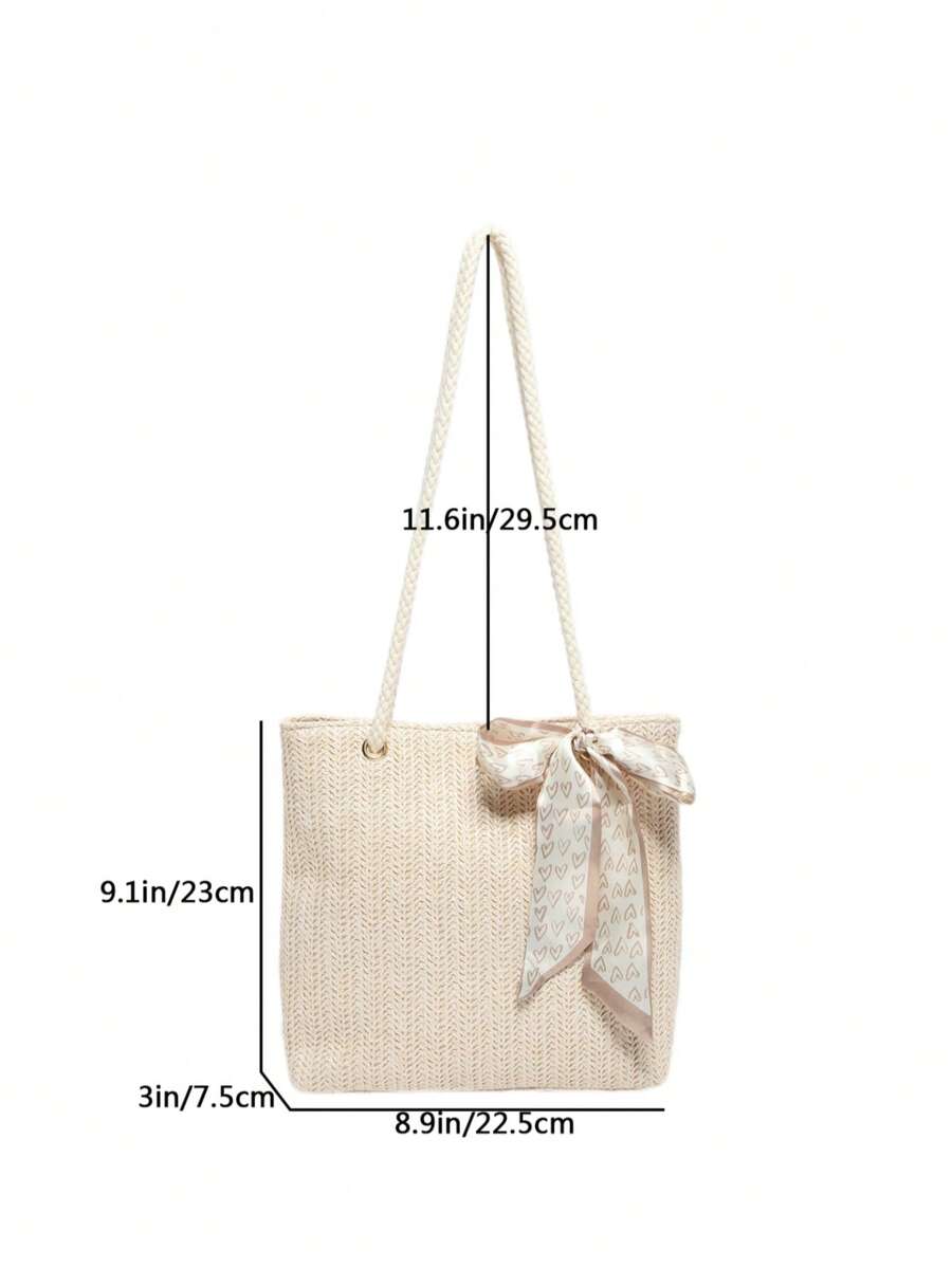 Women's New Fashionable Weaved Large Capacity Tote Bag, Minimalist Simple Silk Scarf Decor