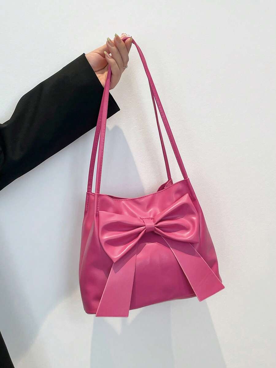 Fashion New Bucket Pink Shoulder Bag, Bow Decor, Shoulder Handbag, Tote Bag, Solid Color, For Women, Suitable For Spring/Summer