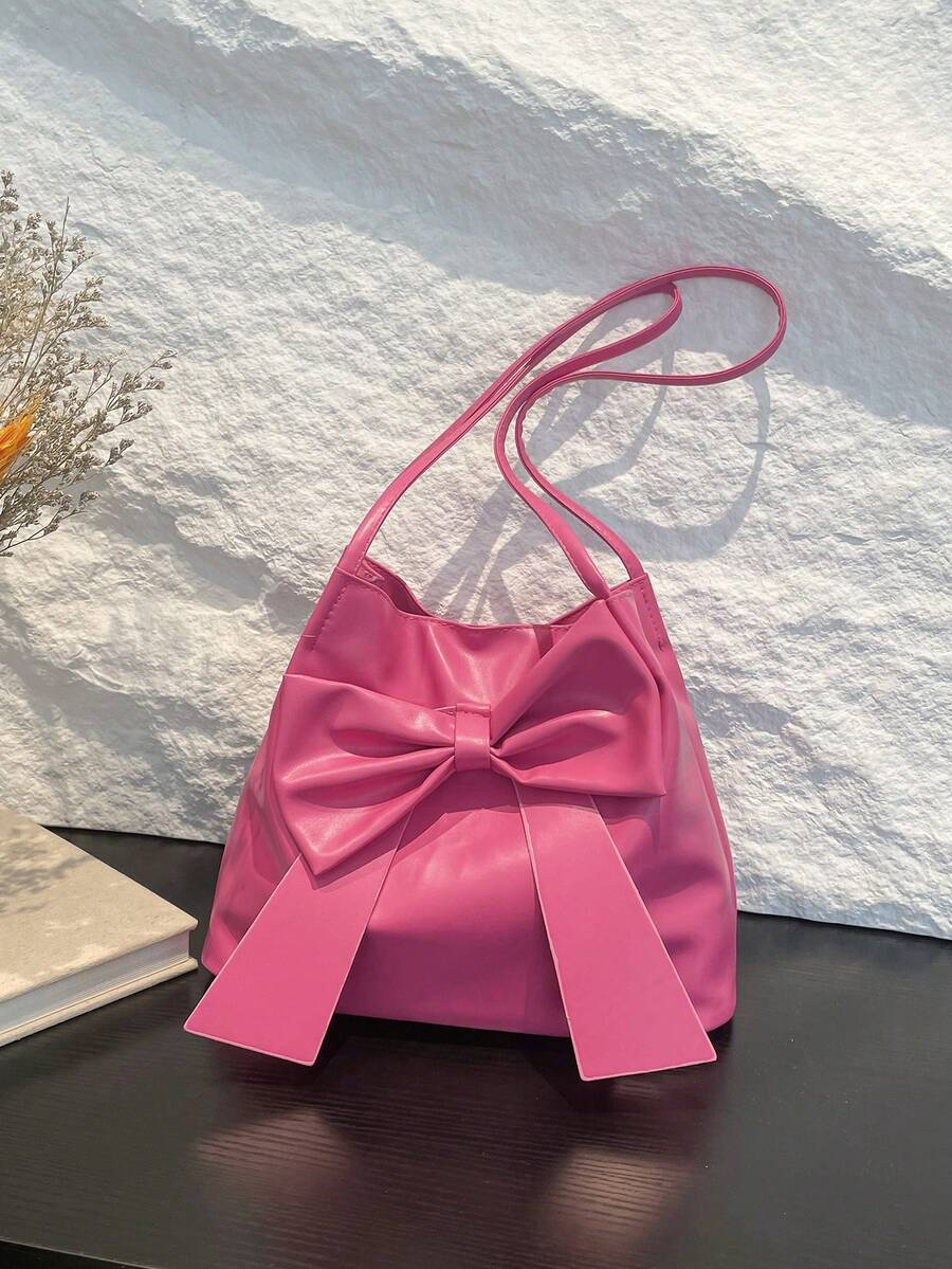 Fashion New Bucket Pink Shoulder Bag, Bow Decor, Shoulder Handbag, Tote Bag, Solid Color, For Women, Suitable For Spring/Summer