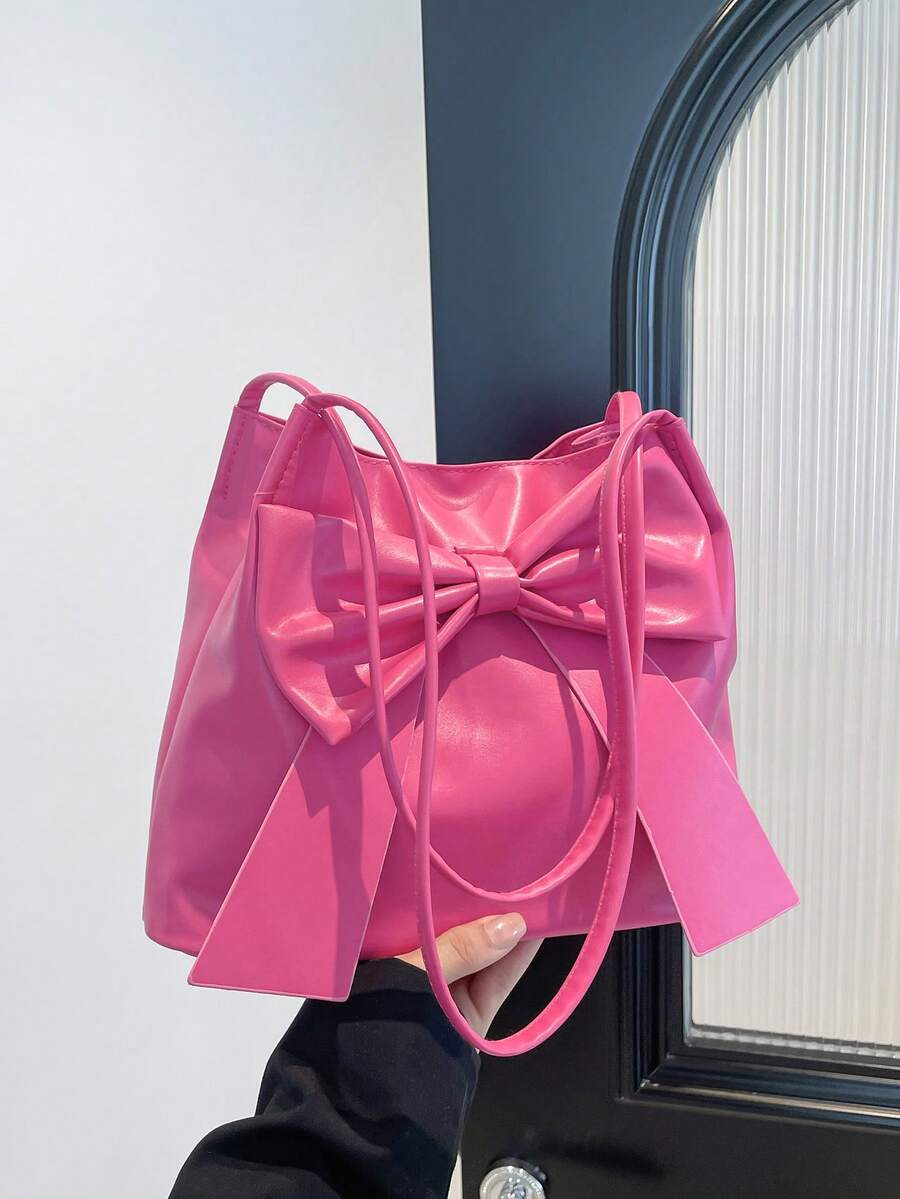 Fashion New Bucket Pink Shoulder Bag, Bow Decor, Shoulder Handbag, Tote Bag, Solid Color, For Women, Suitable For Spring/Summer