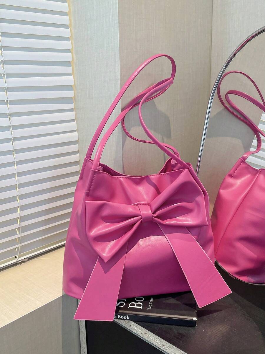 Fashion New Bucket Pink Shoulder Bag, Bow Decor, Shoulder Handbag, Tote Bag, Solid Color, For Women, Suitable For Spring/Summer