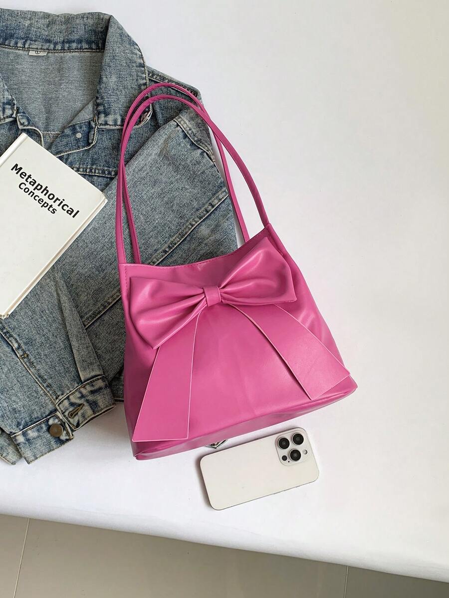 Fashion New Bucket Pink Shoulder Bag, Bow Decor, Shoulder Handbag, Tote Bag, Solid Color, For Women, Suitable For Spring/Summer