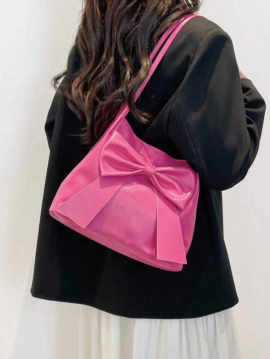 Fashion New Bucket Pink Shoulder Bag, Bow Decor, Shoulder Handbag, Tote Bag, Solid Color, For Women, Suitable For Spring/Summer