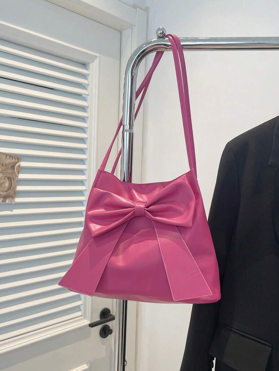 Fashion New Bucket Pink Shoulder Bag, Bow Decor, Shoulder Handbag, Tote Bag, Solid Color, For Women, Suitable For Spring/Summer