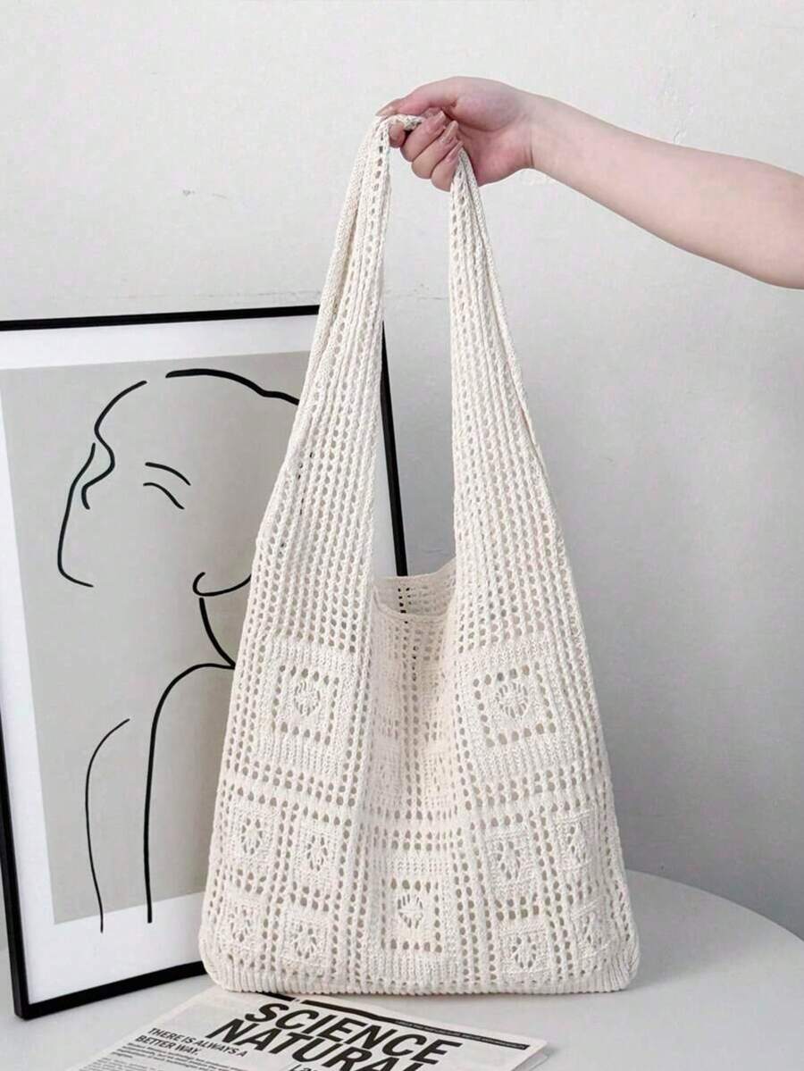 LFIRSTL Minimalist Hollow Design Crochet Knitted Tote Bag, Large Capacity Portable Vacation Bag, Suitable For Working Women, Students, High School, College