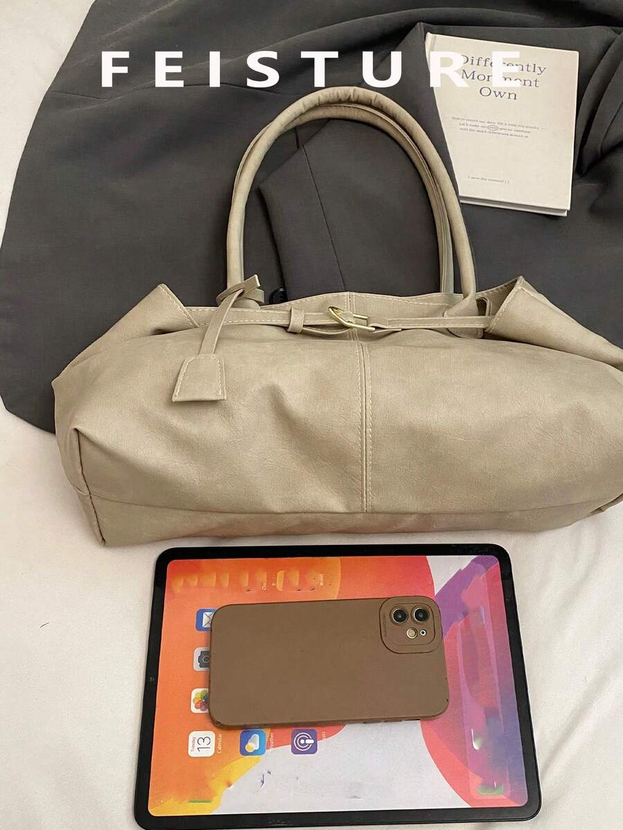 FEISTURE 1pc, Large Strap Decor Shoulder Bag, Roomy PU Tote Bag, Magnetic Closure, Suitable For Daily Outing, Dating, Commuting