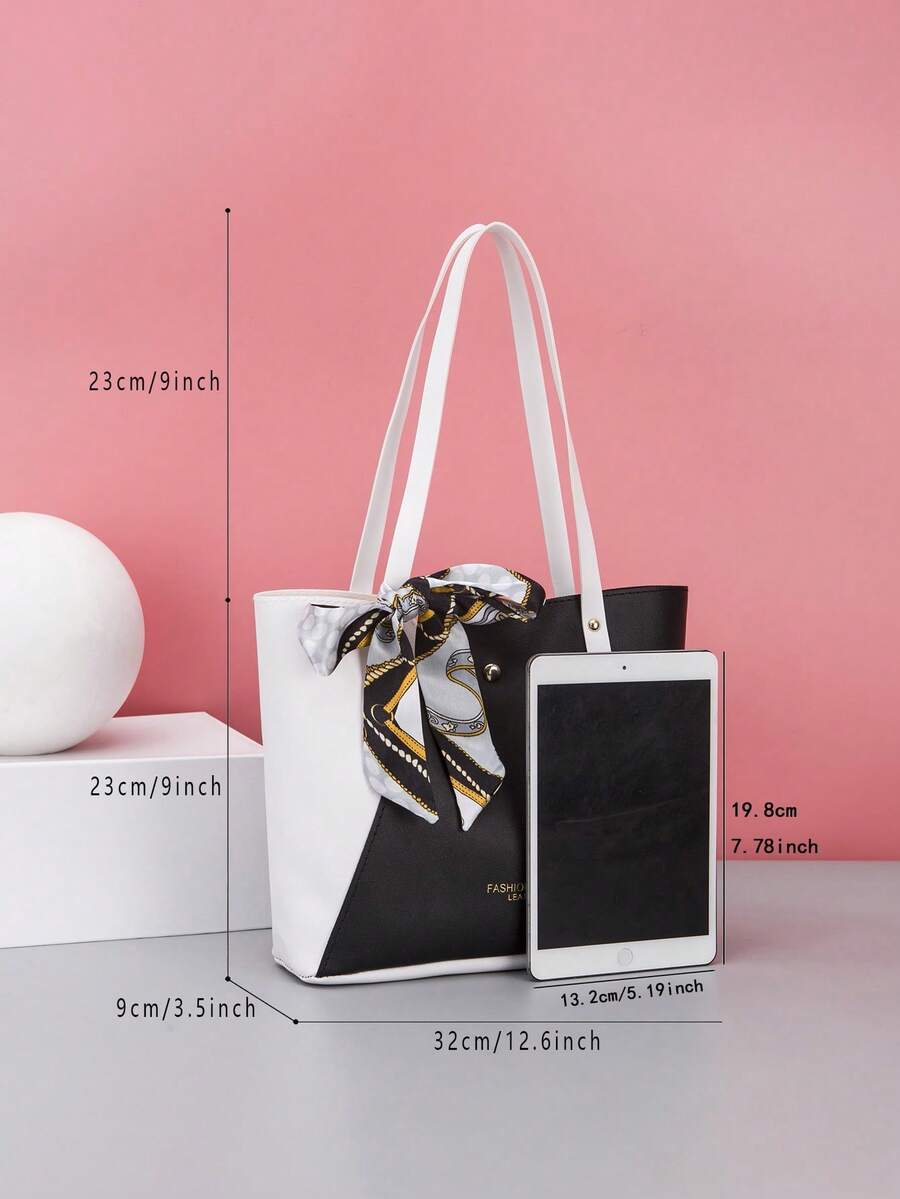 1pc PU Splice Fashionable Scarf Logo Heat Transfer Tote Bag, Handbag, Shoulder Bag, Shopping Bag, Casual Daily Use