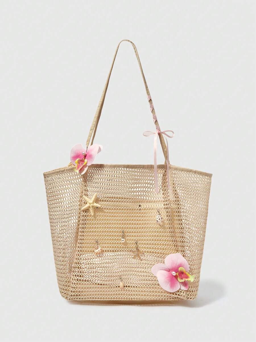 ROMWE Fairycore 1 Hand-Woven Tote Bag With Artificial Orchid Lily Decoration Large-Capacity Shoulder Backpack, Suitable For Summer Vacation And Beach Use, Random Shape And Size (Accessories Need To Be