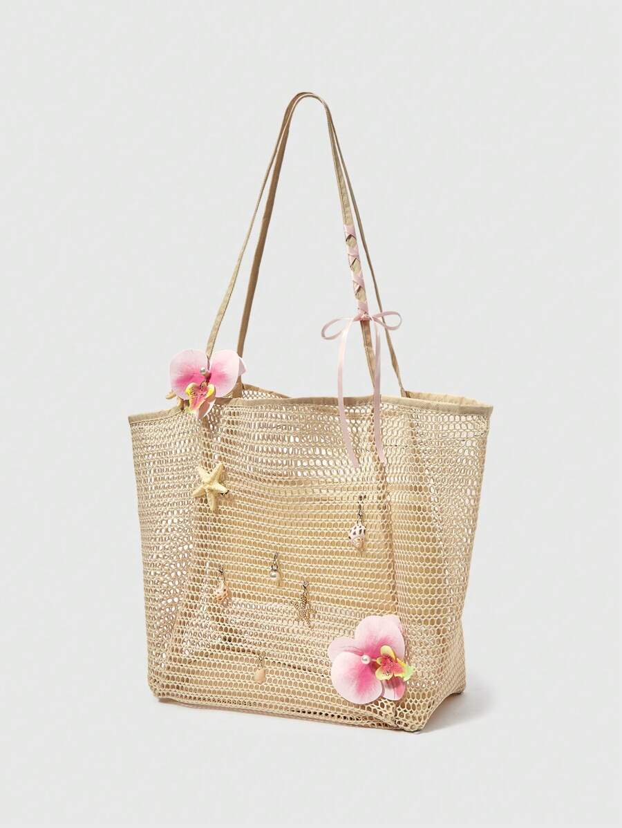 ROMWE Fairycore 1 Hand-Woven Tote Bag With Artificial Orchid Lily Decoration Large-Capacity Shoulder Backpack, Suitable For Summer Vacation And Beach Use, Random Shape And Size (Accessories Need To Be