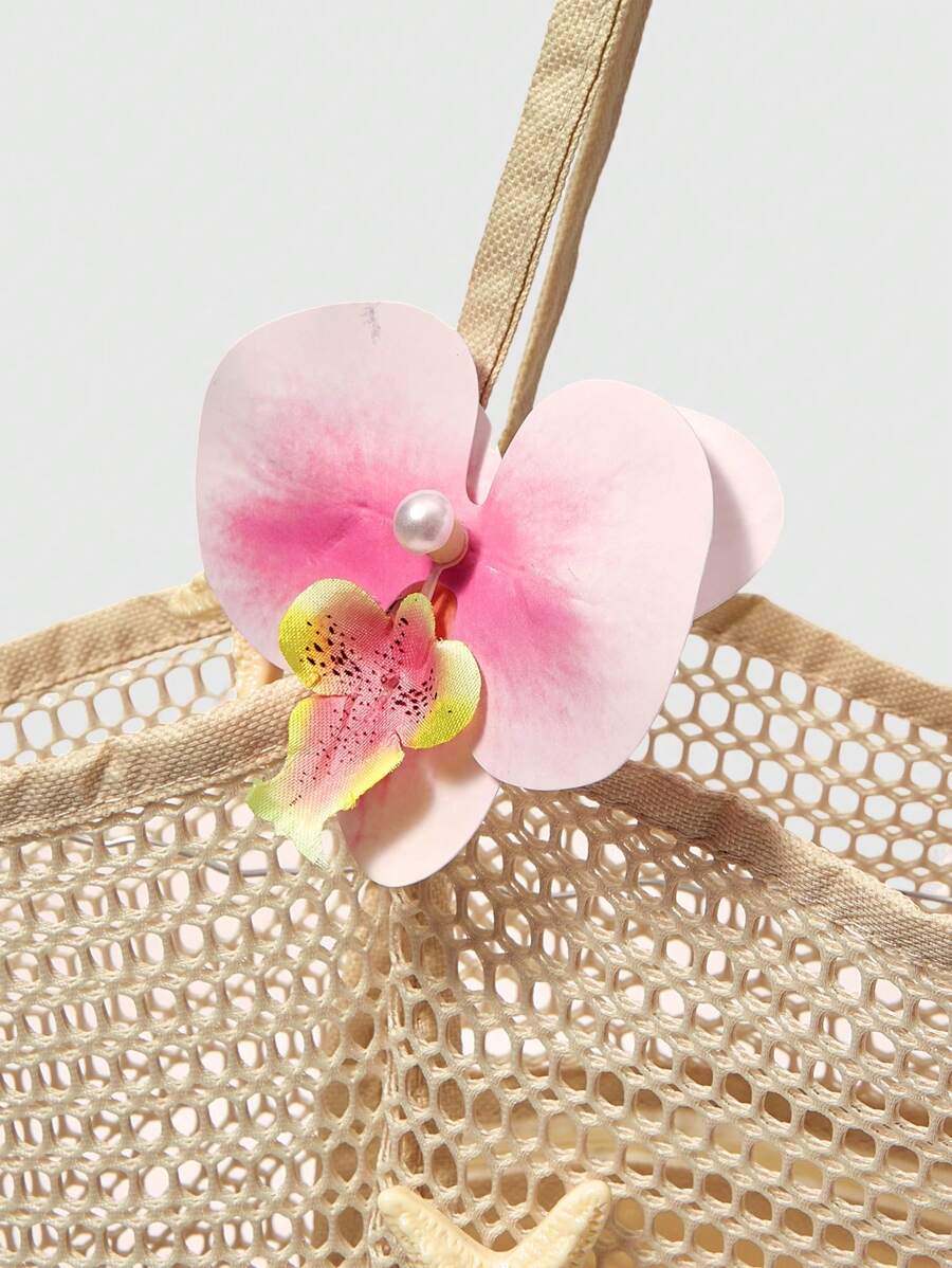 ROMWE Fairycore 1 Hand-Woven Tote Bag With Artificial Orchid Lily Decoration Large-Capacity Shoulder Backpack, Suitable For Summer Vacation And Beach Use, Random Shape And Size (Accessories Need To Be