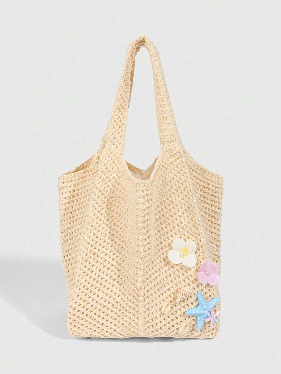 ROMWE Fairycore 1pc Tropical Shiny Hollow Out Knitted Tote Bag, Beach Vacation Style Shoulder Bag,Holiday