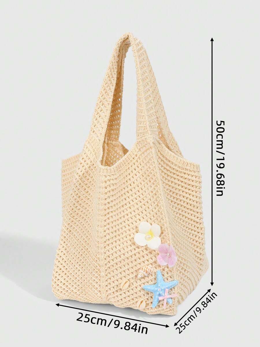 ROMWE Fairycore 1pc Tropical Shiny Hollow Out Knitted Tote Bag, Beach Vacation Style Shoulder Bag,Holiday