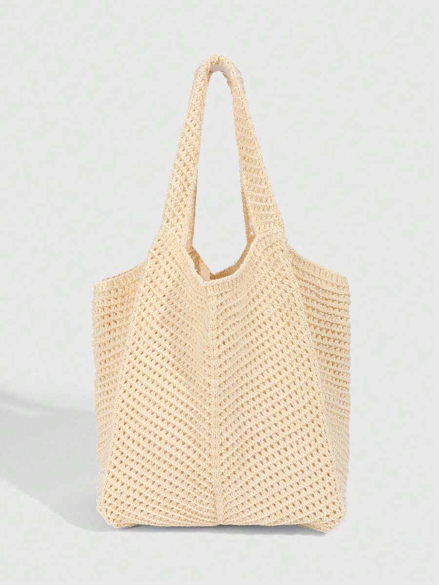 ROMWE Fairycore 1pc Tropical Shiny Hollow Out Knitted Tote Bag, Beach Vacation Style Shoulder Bag,Holiday
