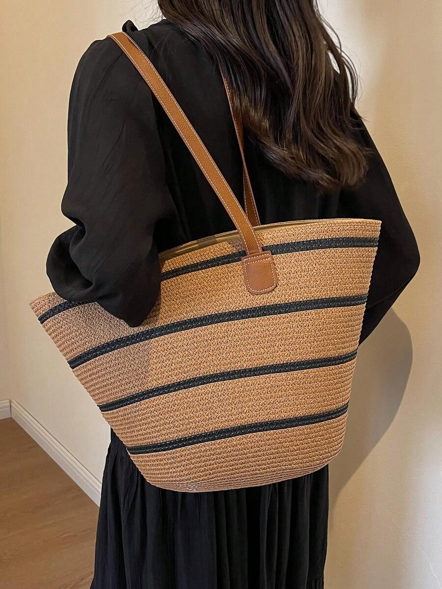 2026 New Large Capacity Straw Tote Bag, Fashion Versatile Commuter Shoulder Bag, Beach Vacation Travel Straw Woven Tote Bag
