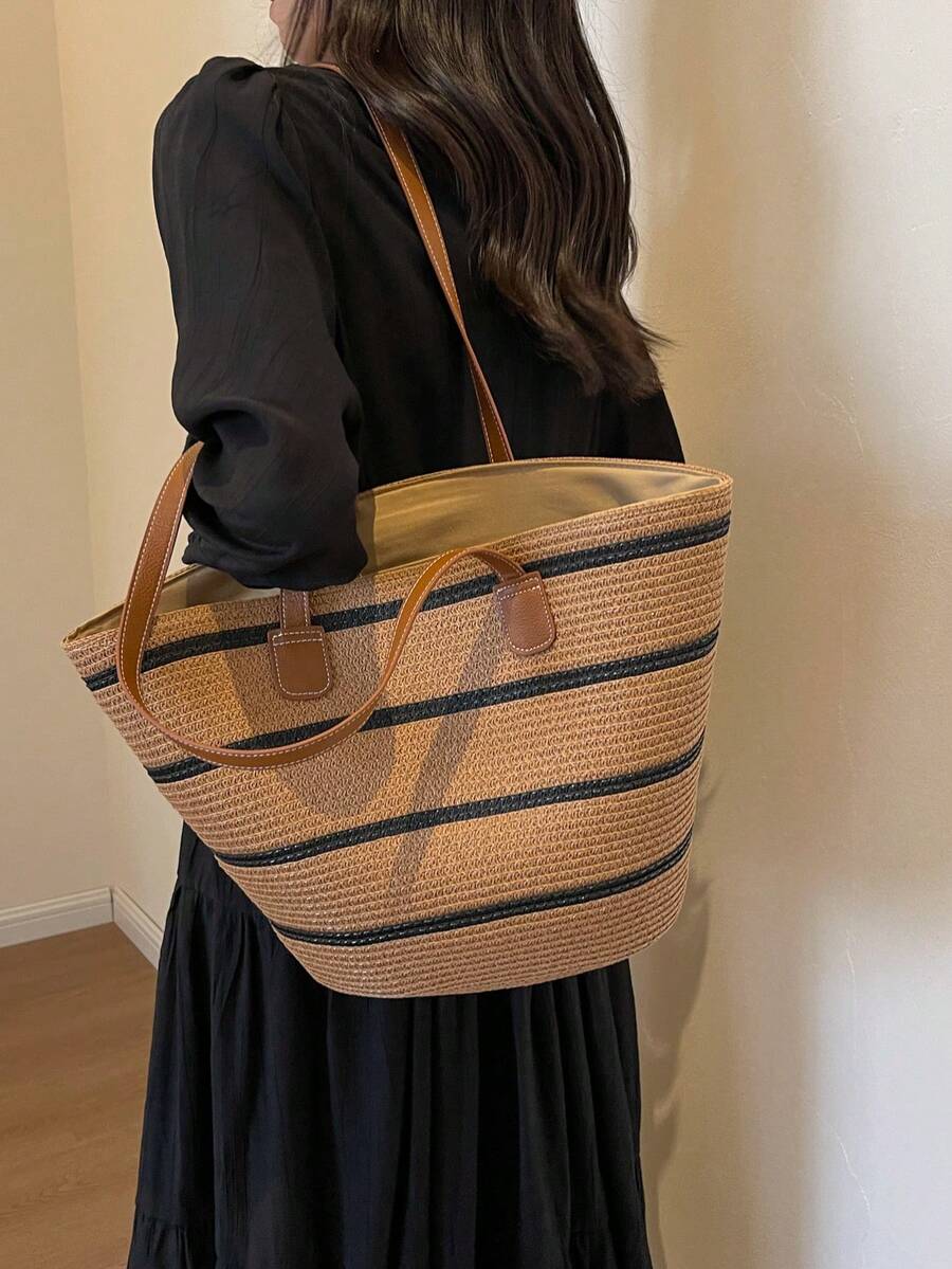 2026 New Large Capacity Straw Tote Bag, Fashion Versatile Commuter Shoulder Bag, Beach Vacation Travel Straw Woven Tote Bag