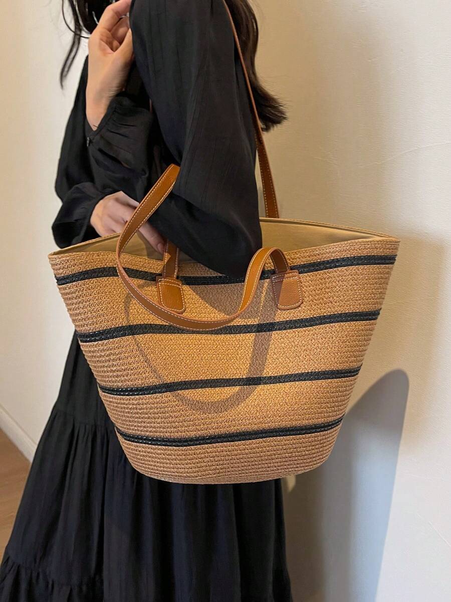 2026 New Large Capacity Straw Tote Bag, Fashion Versatile Commuter Shoulder Bag, Beach Vacation Travel Straw Woven Tote Bag