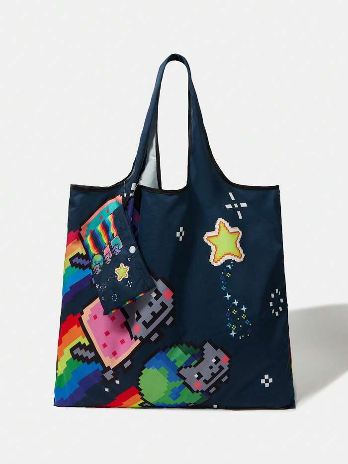 Nyan Cat X 1pc Foldable Cartoon Pentagram Printed Tote Bag For Women