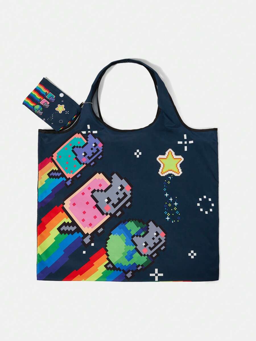 Nyan Cat X 1pc Foldable Cartoon Pentagram Printed Tote Bag For Women