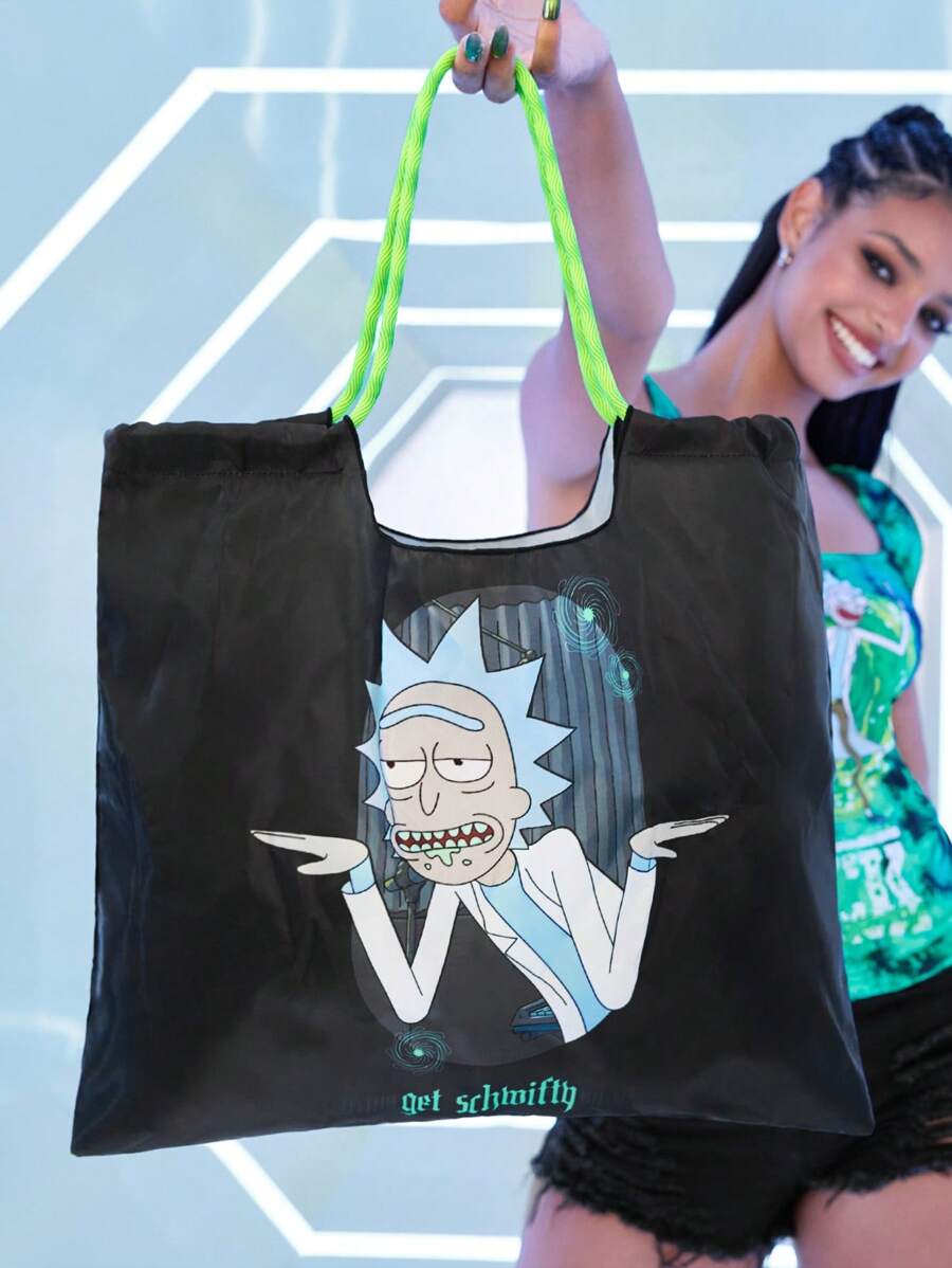 Rick and Morty X 1 Pc Sci-Fi Scientist & Boy Cartoon Themed Foldable Shopping Tote Bag, Lightweight Polyester Reusable Grocery Bag With Mini Storage Pouch & Bead Chain For Hanging, Large Capacit